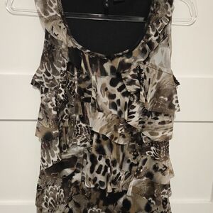 New Directions Euro Style Animal Prin Sleeveless Blouse with Ruffle Detail
